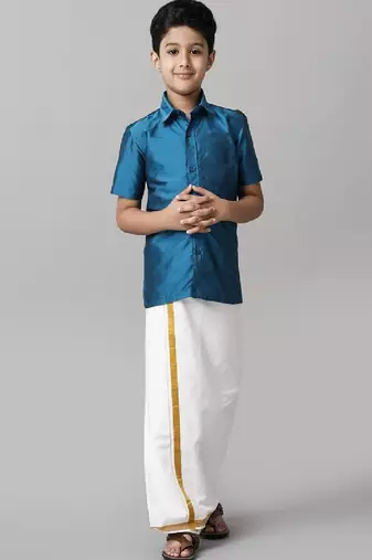 Blue silk blend shirt with dhoti - boys shirts