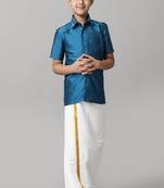 Blue silk blend shirt with dhoti - boys shirts