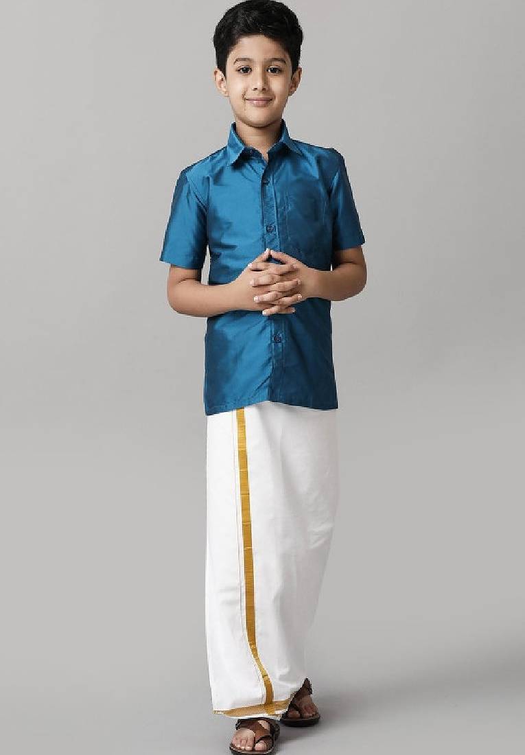 Blue silk blend shirt with dhoti - boys shirts