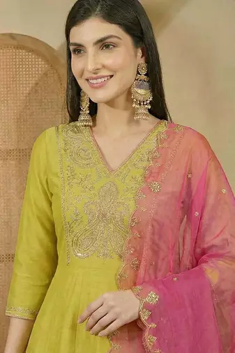 embroidered v-neck gown ethnic dress with dupatta
