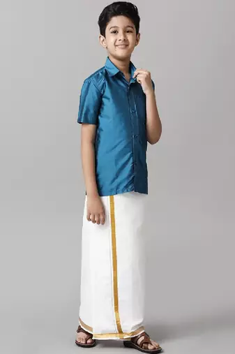 Blue silk blend shirt with dhoti - boys shirts