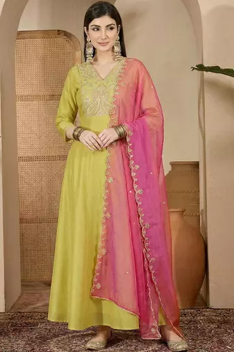 embroidered v-neck gown ethnic dress with dupatta