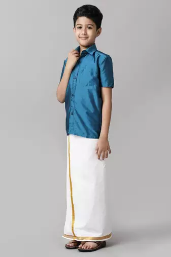 Blue silk blend shirt with dhoti - boys shirts