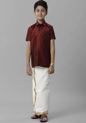 maroon plain silk blend shirt and veshti for boys  1