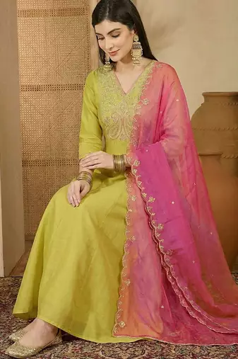 embroidered v-neck gown ethnic dress with dupatta