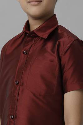 maroon plain silk blend shirt and veshti for boys  2