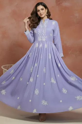 embroidered mandarin collar fit and flare ethnic dresses