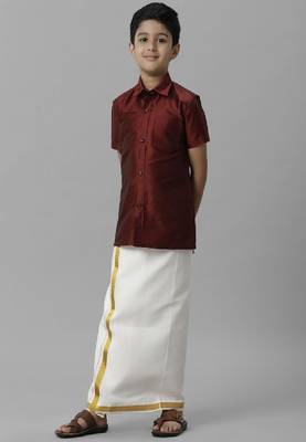 maroon plain silk blend shirt and veshti for boys  3