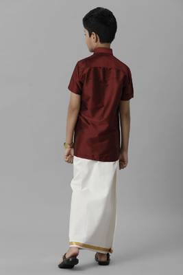maroon plain silk blend shirt and veshti for boys  4