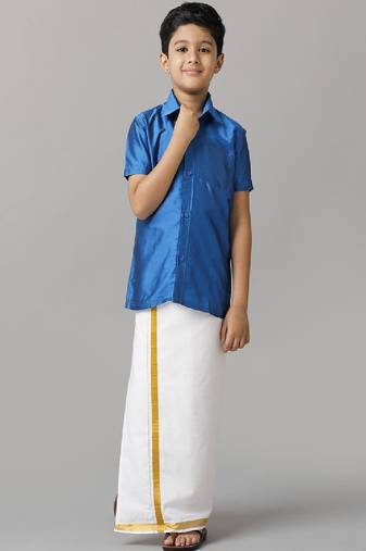 blue silk blend boys shirt with casual dhoti