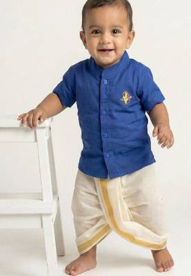 blue cotton blend boys shirt with ethnic dhoti set 1