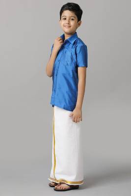 blue silk blend boys shirt with casual dhoti 3