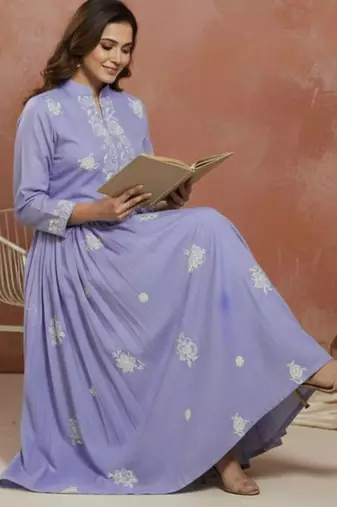 embroidered mandarin collar fit and flare ethnic dresses