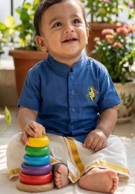 blue cotton blend boys shirt with ethnic dhoti set 2