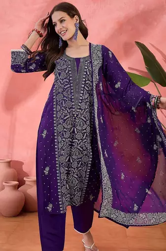 purple floral printed silk blend u-neck straight kurta with trousers and dupatta