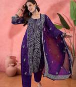 purple floral printed silk blend u-neck straight kurta with trousers and dupatta