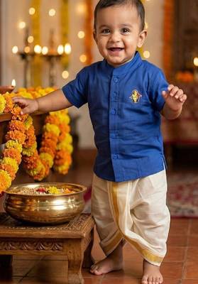 blue cotton blend boys shirt with ethnic dhoti set 3