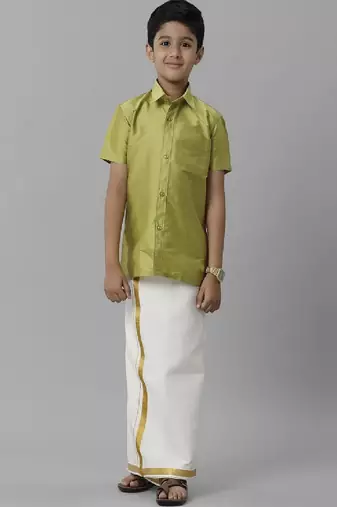 Green plain silk blend shirt dhoti boys suit