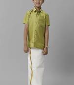 Green plain silk blend shirt dhoti boys suit