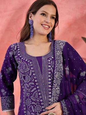 purple floral printed silk blend u-neck straight kurta with trousers and dupatta 2