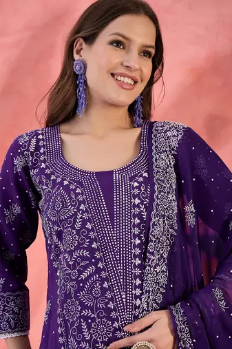 purple floral printed silk blend u-neck straight kurta with trousers and dupatta