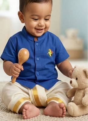 blue cotton blend boys shirt with ethnic dhoti set 4