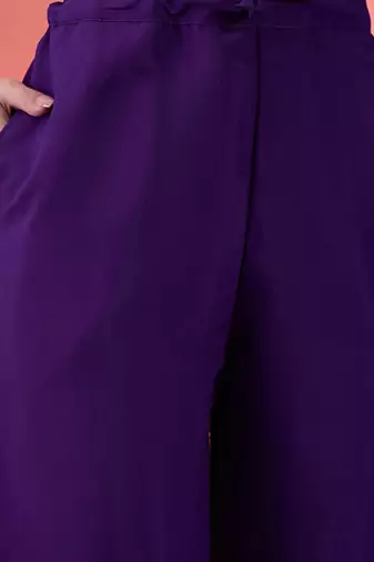 purple floral printed silk blend u-neck straight kurta with trousers and dupatta