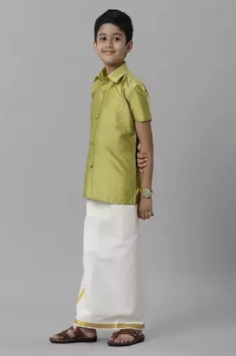 Green plain silk blend shirt dhoti boys suit