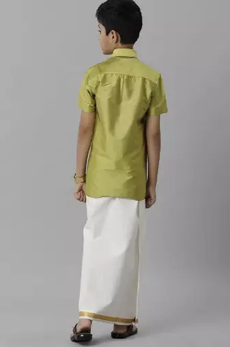 Green plain silk blend shirt dhoti boys suit