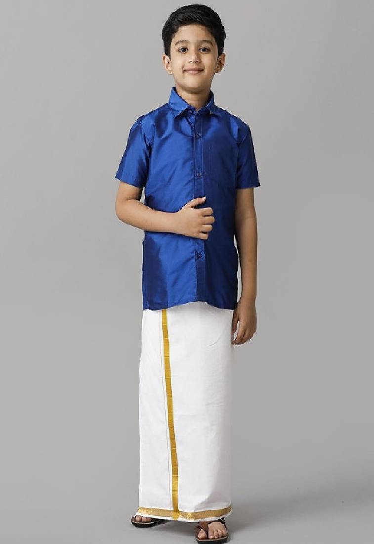 Blue silk blend shirt with dhoti - boys-shirts