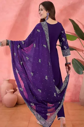 purple floral printed silk blend u-neck straight kurta with trousers and dupatta