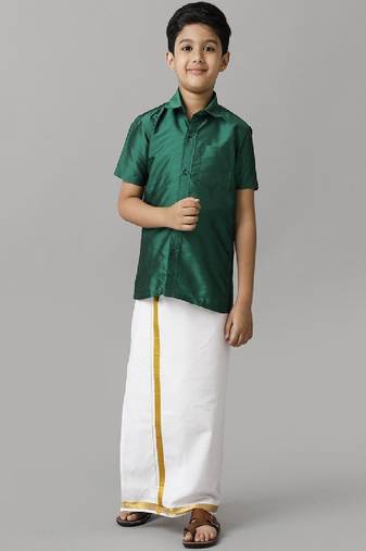 Green plain silk blend shirt with dhoti - boys-shirts