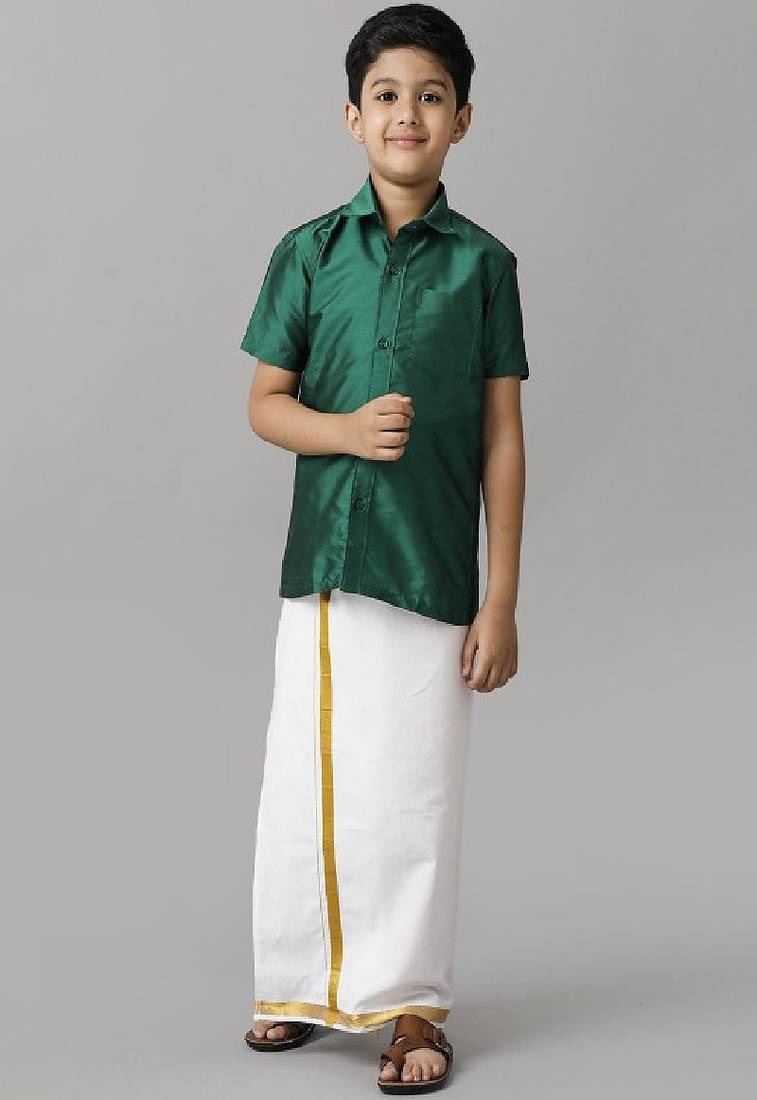 Green plain silk blend shirt with dhoti - boys-shirts