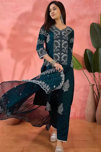 teal blue floral printed v-neck straight kurta with trousers and dupatta