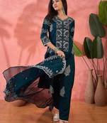 teal blue floral printed v-neck straight kurta with trousers and dupatta