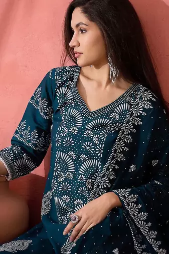teal blue floral printed v-neck straight kurta with trousers and dupatta