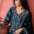 teal blue floral printed v-neck straight kurta with trousers and dupatta