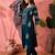 teal blue floral printed v-neck straight kurta with trousers and dupatta