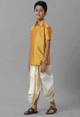 yellow polyester boys shirt with ethnic dhoti set 3