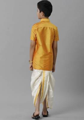 yellow polyester boys shirt with ethnic dhoti set 4