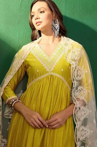 embroidered anarkali kurta & trousers with dupatta