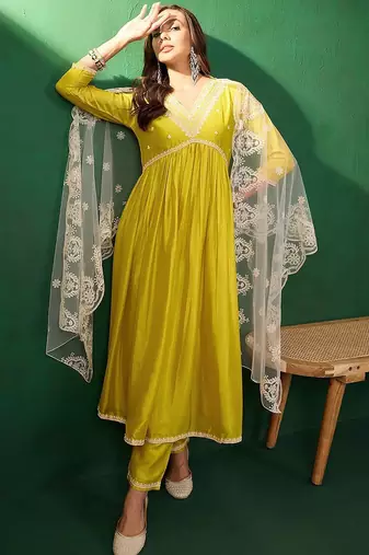 embroidered anarkali kurta & trousers with dupatta