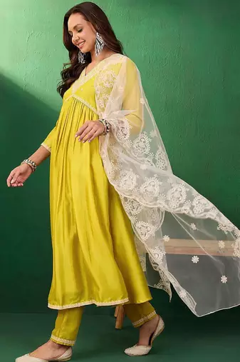 embroidered anarkali kurta & trousers with dupatta