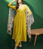 embroidered a-line kurta set with trouser & dupatta