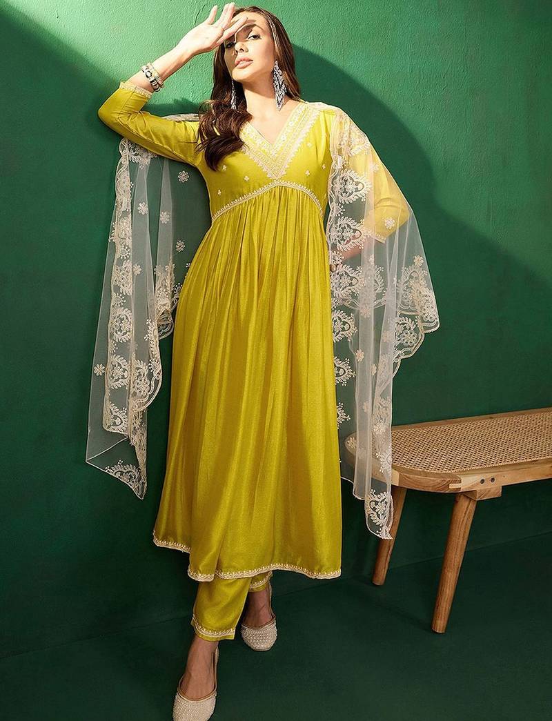 embroidered a-line kurta set with trouser & dupatta