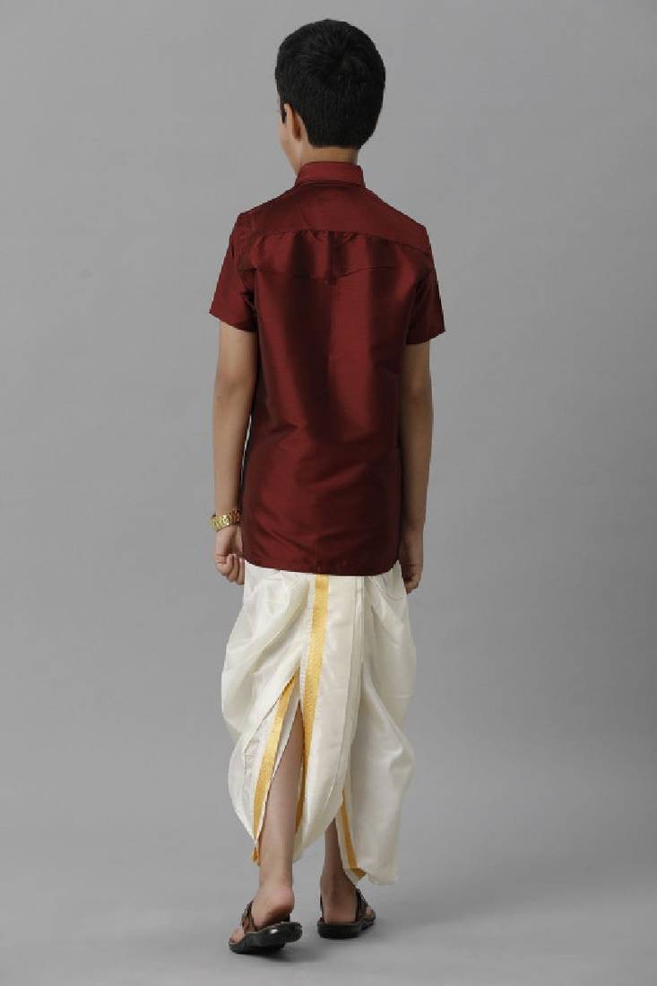 maroon polyester boys shirt and dhoti
