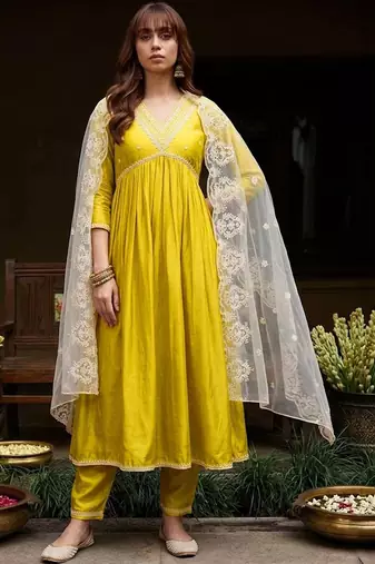 embroidered v-neck kurta & trousers with dupatta