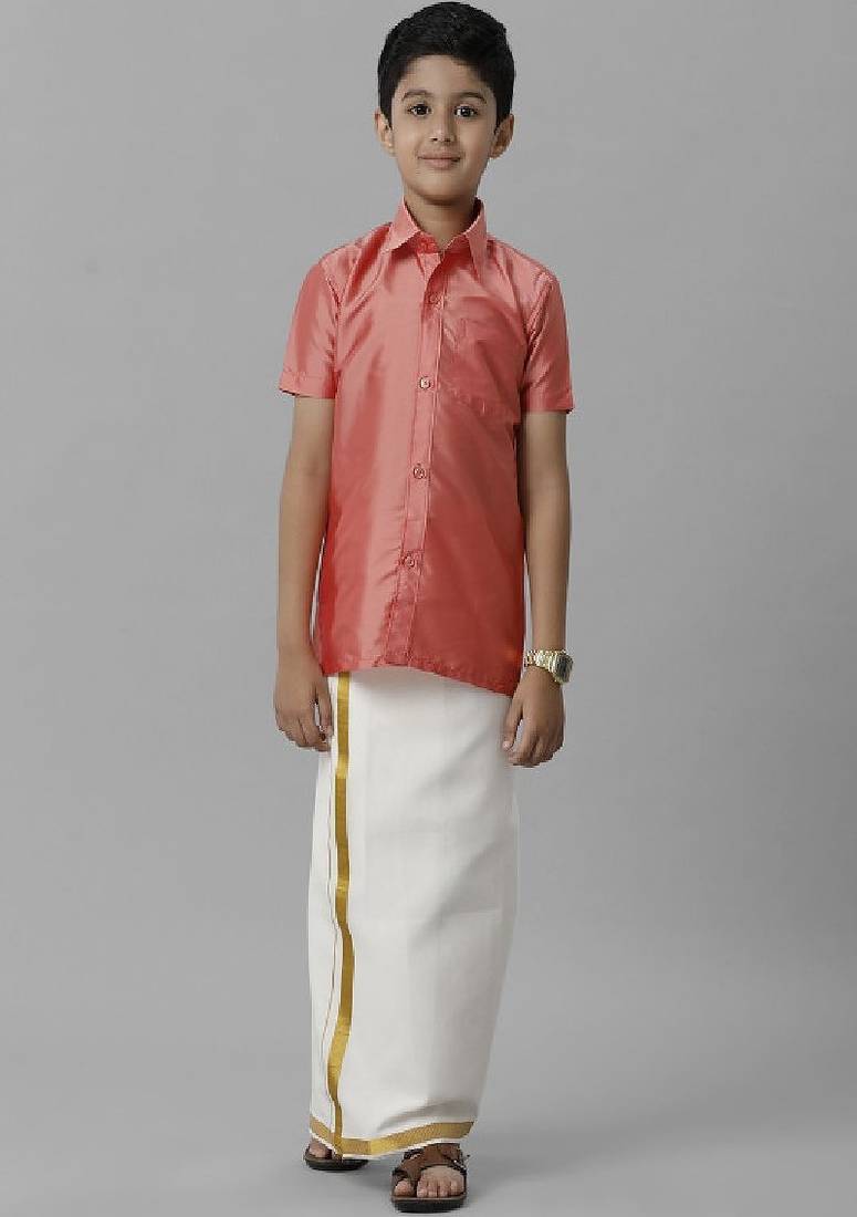 Pink shirt silk blend dhoti - boys