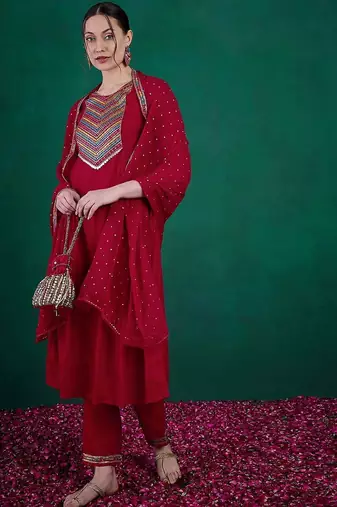 zari & sequence embroidered  round neck kurta with trousers & dupatta
