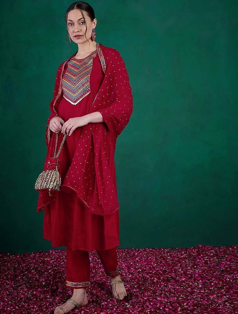 zari & sequence embroidered  round neck kurta with trousers & dupatta